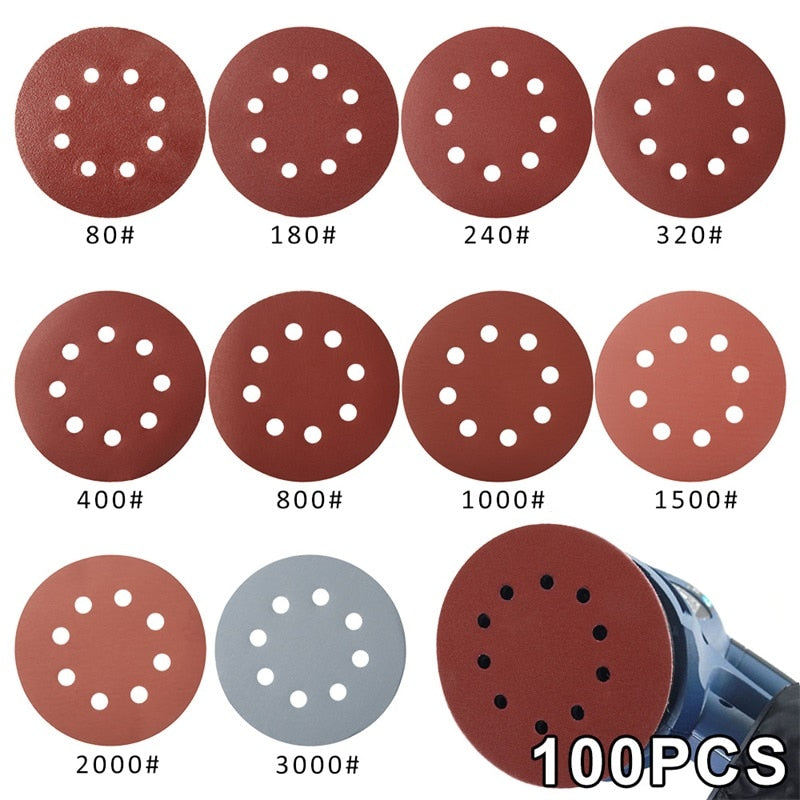 100/60pcs 125mm Sandpaper Round Shape Sanding Discs Hook Loop Sanding Paper Buffing Sheet Sandpaper 8 Hole Sander Polishing Pad