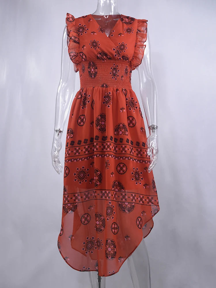Summer Women Vintage Pattern Behavior Smocked Ruffle Midi Dress Sexy Sleeveless Red Long Dresses 2024 Fashion Clothes For Women