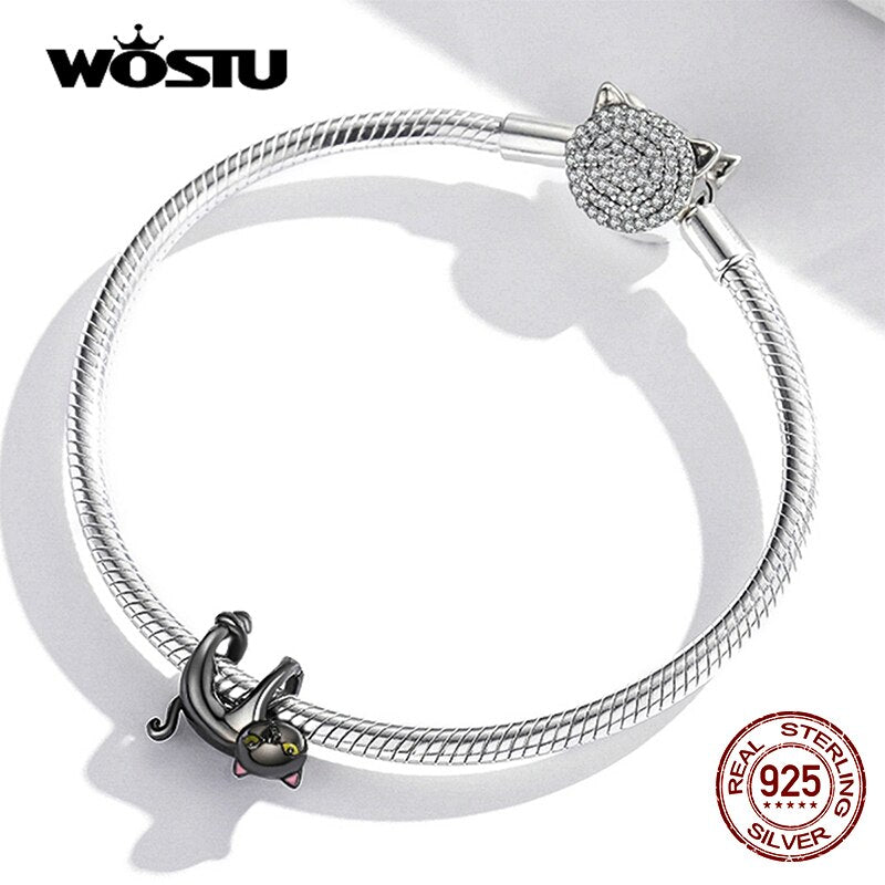 WOSTU 2021 925 Sterling Silver Cute Black Cat Suspend Animals Charm Beads Fit Original Bracelet DIY Jewelry CTC520