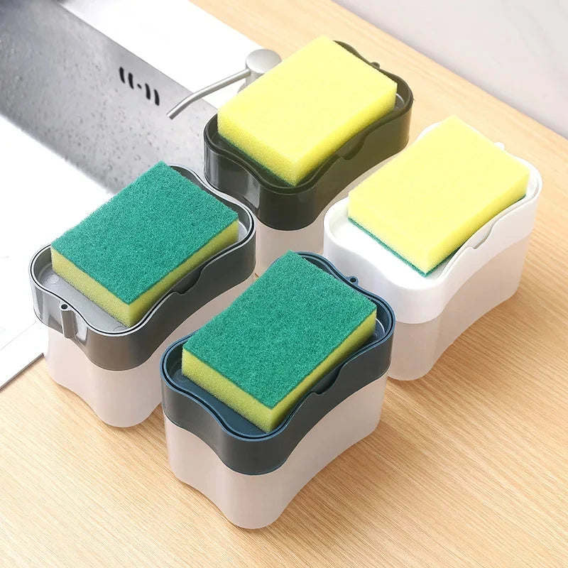 Press Soap Dispenser Box Scrubbing Liquid Container Kitchen Bathroom Automatic Detergent Foam Delivery Box with Sponge Holder