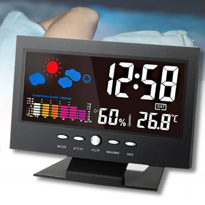 Digital Clock Thermometer Hygrometer Weather Station Alarm Clock Temperature Gauge Colorful LCD Calendar Voice-activated