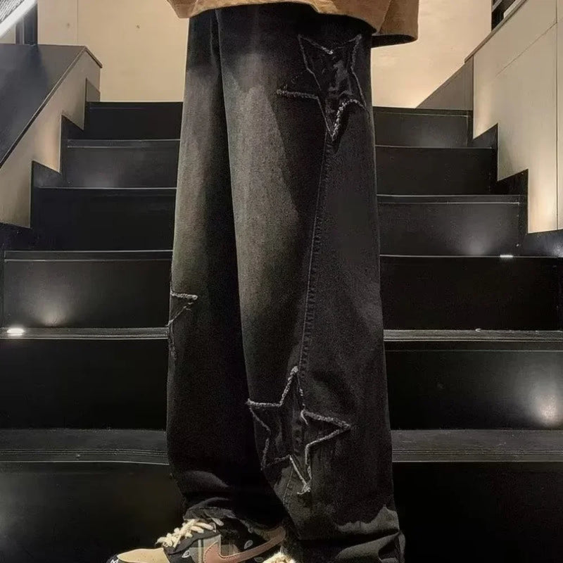 Star Embroidery Straight Casual Men Jeans Gothic Neutral New Wide Leg Loose Hip-hop Streetwear Denim Trousers Y2K pants man