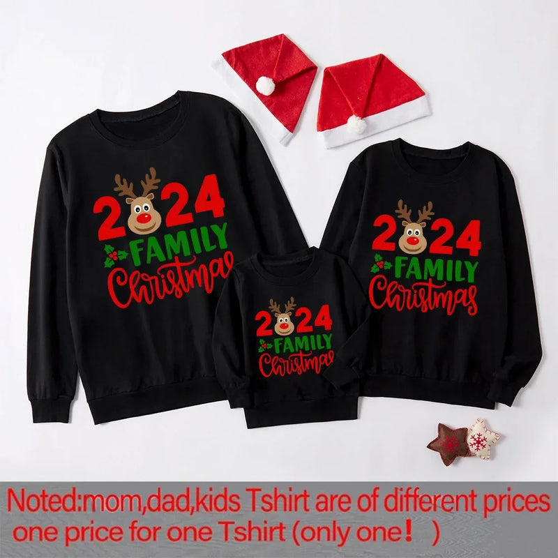 2024 Family Christmas&deer Print Family Together Matching Sweatshirt Casual Christmas Hoodie Christmas Day Holiday Clothes Tops