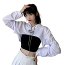 Female Cut Out Crop Top Hoodie Long Sleeve Hooded Pullover Sweatshirt Drop Shoulder Drawstring Hoodie Crop Jumper-Top