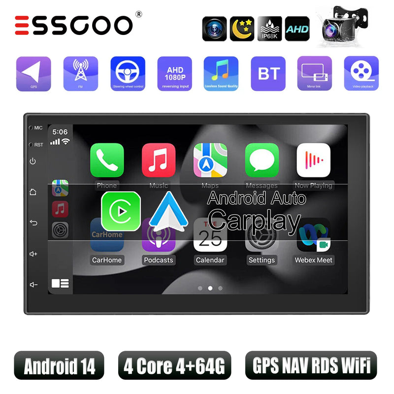ESSGOO Car Stereo Radio Wireless CarPlay Android Auto 2 DIN 7" Car Stereo HD FM-Radio GPS Touch Screen Head Unit 4+64G DAB+ AHD