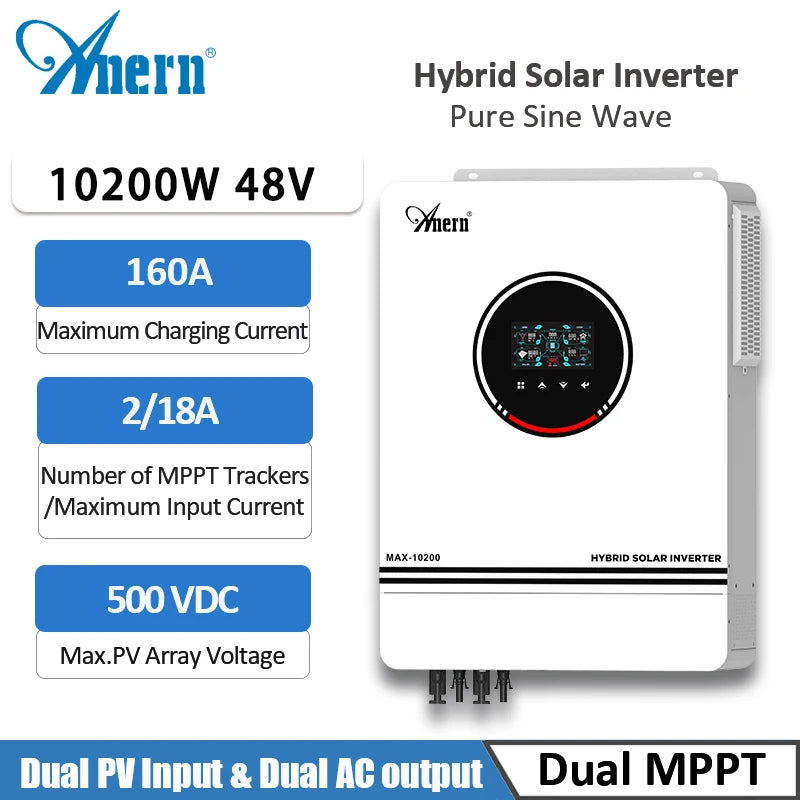 Anern 10.2KW Hybrid Inverter Off Grid Inverter 48v on Grid Solar Inverter Pure Sine Wave Bulit In 160A MPPT Solar Controller