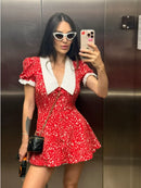 Red Floral Print Peter Pan Collar Dress Women Puff Sleeve V-neck High Waist A-line Mini Dresses Lady Evening Dinner Vestido 2026