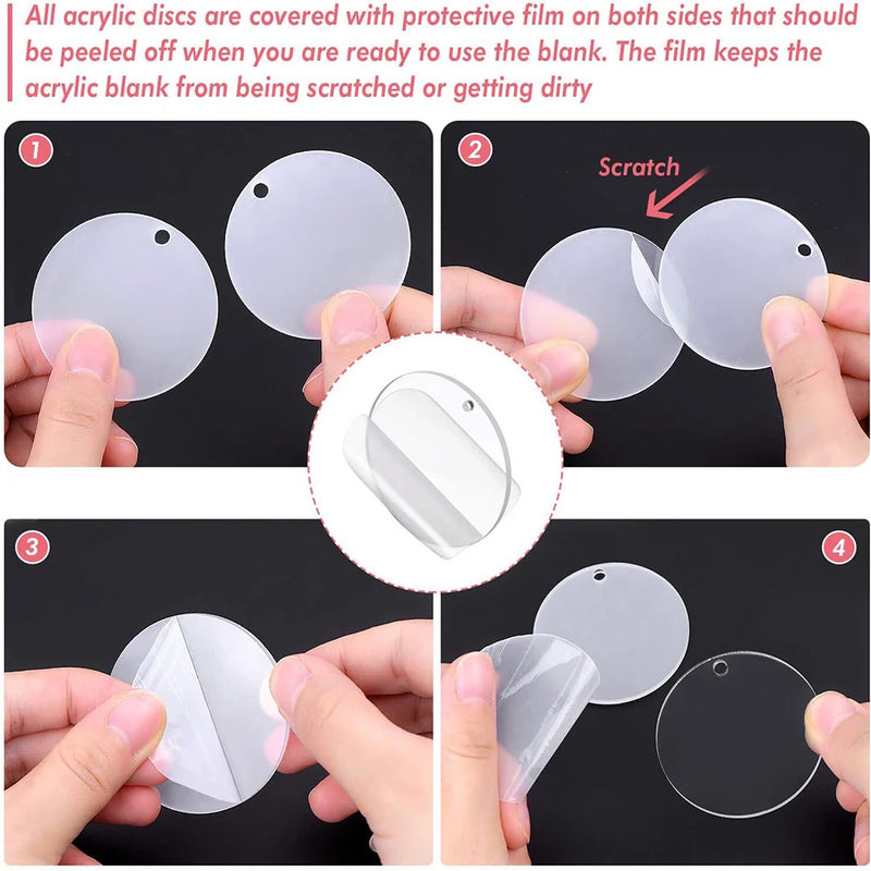 120PCS Acrylic Clear Circle Discs Keychain Set Round Acrylic Keychain Blank Leather Tassel Pendant Jump Rings DIY Keychain