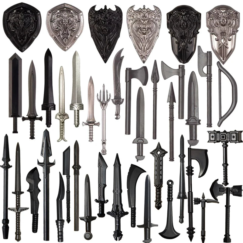 Medieval MOC Weapon Figure Accessories Building Blocks Soldiers Sword Shield Bow Arrow Trident Hammer Axe Spear Brick Kid Toy