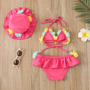 3Pcs Girls Bikini Sets Baby Swimwear Halter Flower Bra + Ruffle Skirt + Sun Caps Toddler Bathing Suit Infant Beachwear 0-24M