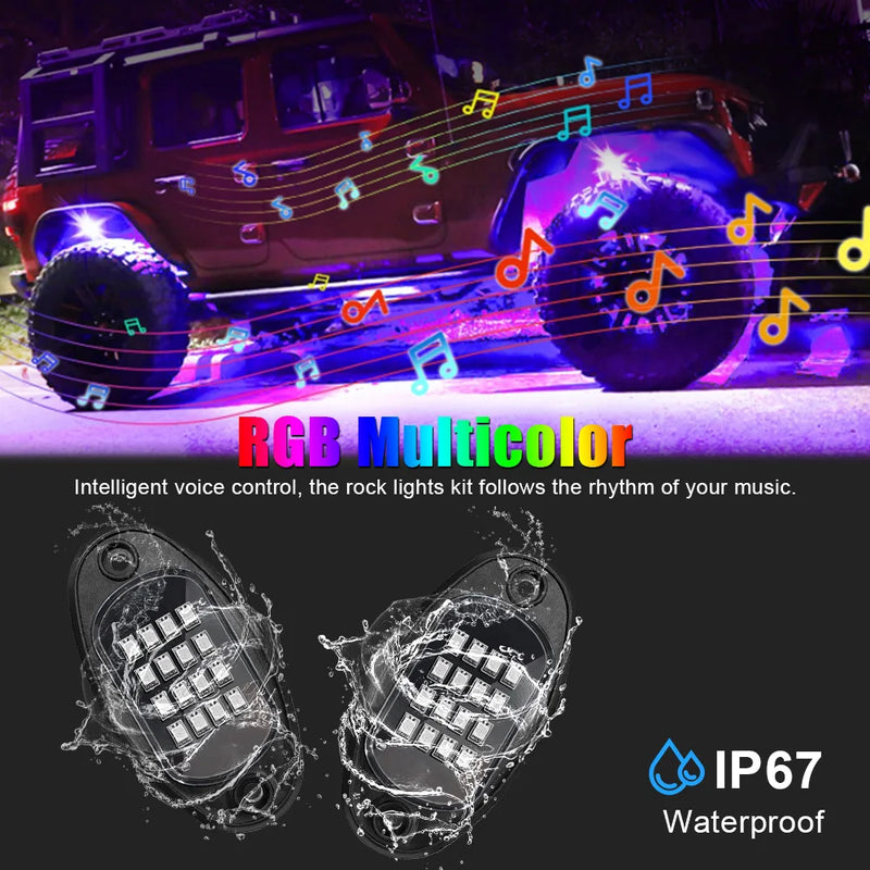 Undergolw Music Sync RGB LED Rock Lights For Jeep Off-Road Truck Boat Bluetooth APP Control 4/6/8 In 1 Car Chassis Light