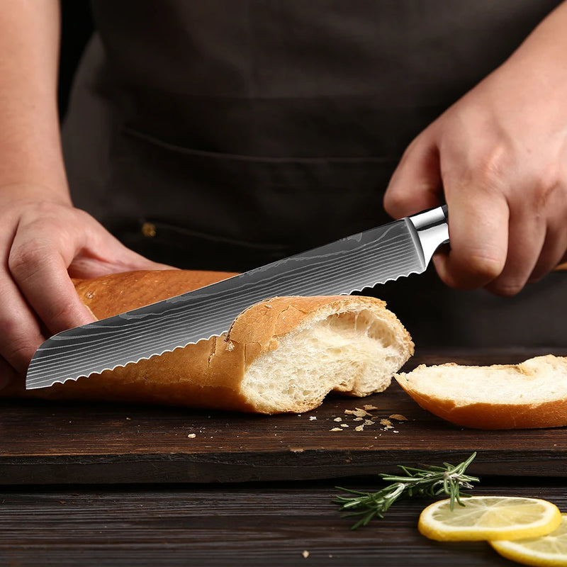 XITUO Kitchen Bread Knife Serrated Design Laser Damascus Stainless Steel Blade 8 inch Chef Knives Bread Cheese Cake Tool