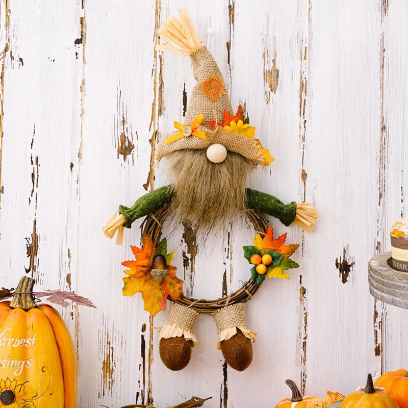 Thanksgiving Gnomes, Fall Plush Autumn Vine Wreath Dwarf Doll Ornament Gnomes Decorations for Home Tiered Tray Tabletop Decor