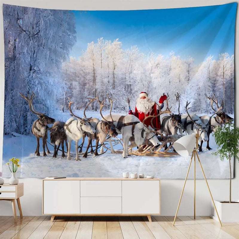 Christmas Tapestry Wall Hanging Winter Night Snowflake Elk Santa Claus Hanging Fireplace Blanket Gift Home Wall Decorations