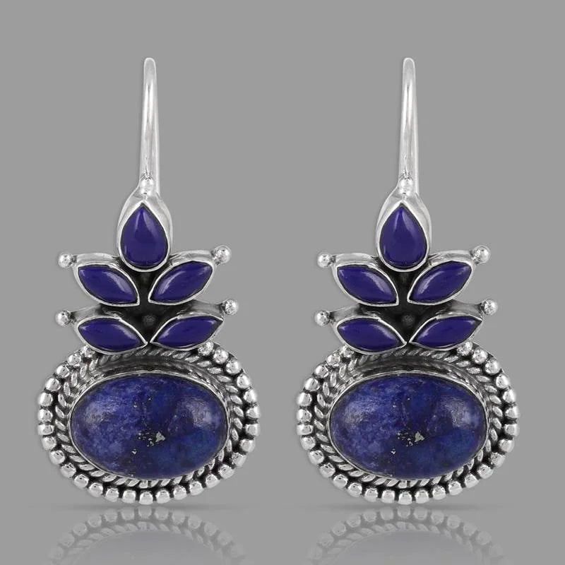 Ethnic Round Lapis Lazuli Earring Vintage Jewelry Metal Silver Color Carving Water Droplets Blue Stone Dangle Earrings for Women