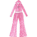 VEITCHE Women's Summer Outfit Casual Leopard Print Long Pant Suit Slim Hoodie Zipper Top High Waist Trousers Set Street Style