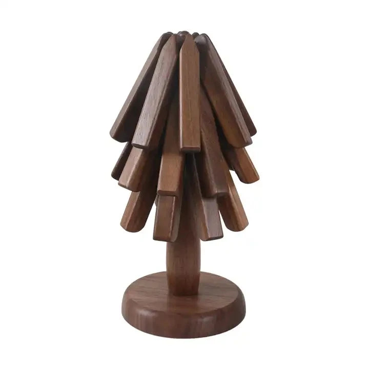 Black Walnut Wooden Christmas Tree Shape Foldable Insulation Pad Creative Pot Mat Cup Coasters Decoration Kitchen Accessories