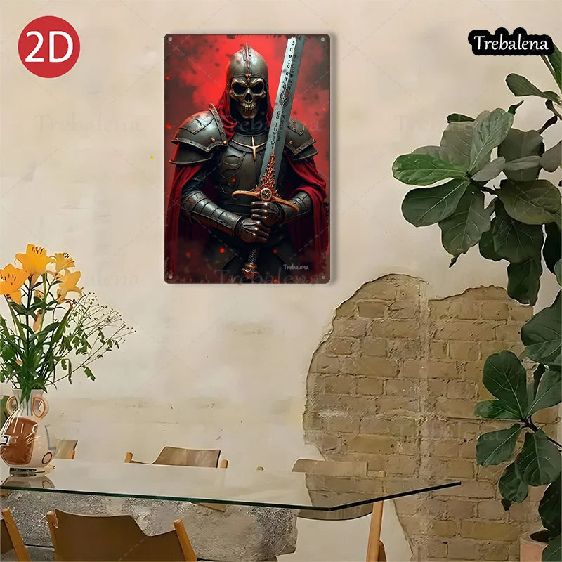 1PC 2D Flat 8*12inch Metal Sign Skull Knight with Sword Medieval Warrior Art Decor