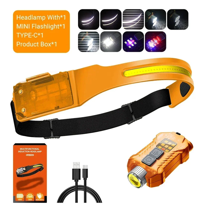 COB LED Sensor Headlamp USB Rechargeable Flashlight Built-in 1200 MAh Battery  5 Lighting Modes Torch Outdoor Camping Lantern