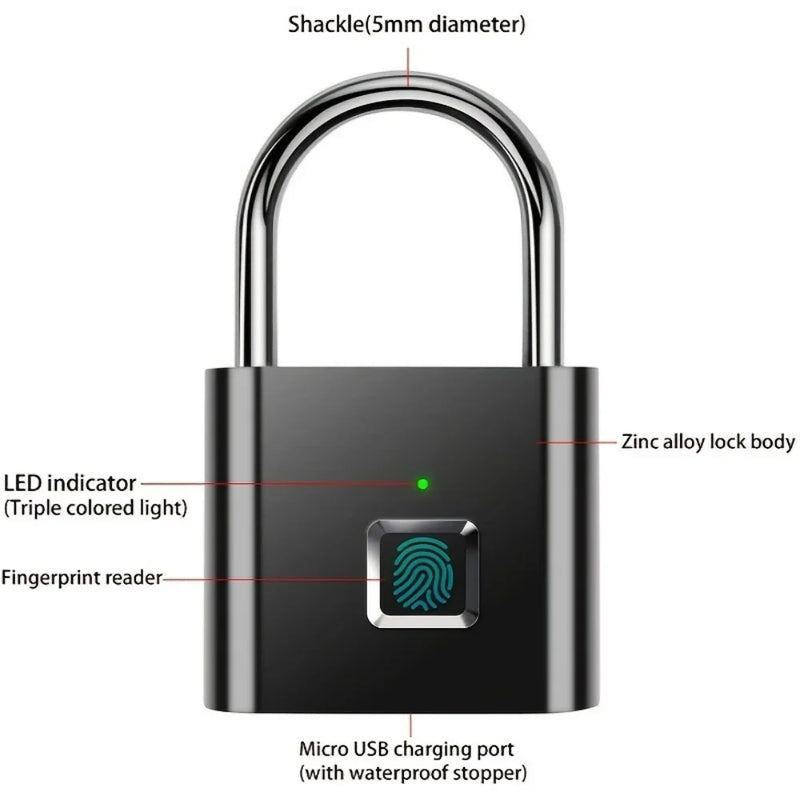 Keyless USB Charging Door Lock Fingerprint Smart Padlock Quickly Unlock Zinc Alloy Metal Self-imaging Chip 20 Fingerprints