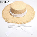 HOAREE Women Raffia Straw Sun Hat Ladies Summer Wide Brim Boater Casual Lace-Up Female Designer Brand Beach Flat Cap