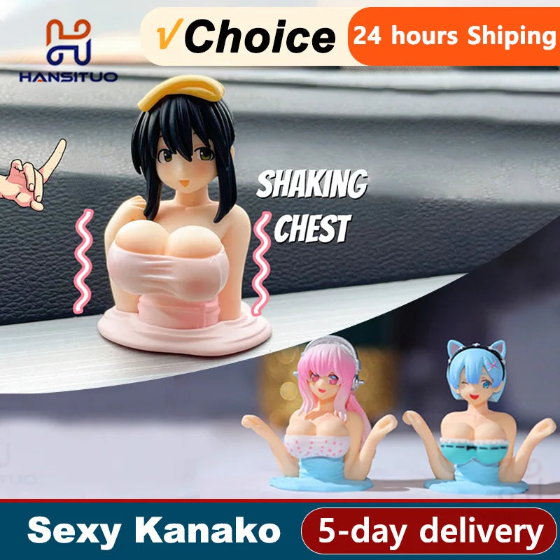 Sexy Kanako Chest Shaking Girls Car Ornaments Cartoon Kawaii Anime Statue Car Dashboard Sexy Doll Figurine Cute Car Decorations