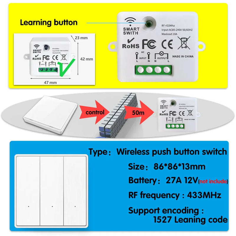 433MHz Wireless Remote Control Switch  AC 110V 220V 10A Relay Receiver and RF Push Button Wall Panel Transmitter for Light Pump