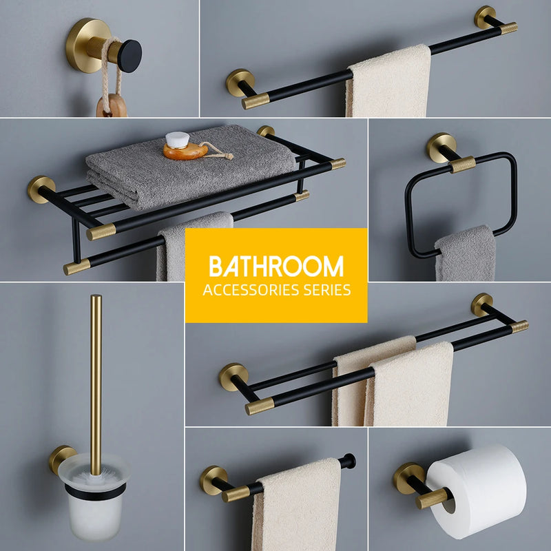 Towel rack Wall Mounted Towel Rack Brushed Gold Paper Holder& Matte Black Hook Knurled and Combined Colors Toilet Brush Holder