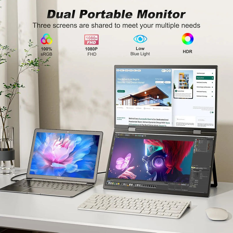 UPERFECT Delta 15.6" Dual Portable Monitor For Laptop Screen Extender 1080P HDR 360° Folding Stacked with Stand For Laptop PC