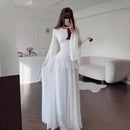 Fashion Flare Sleeve Ruff Long Dress Women Solid O-neck High Waist Slim Pleated Maxi Dresses 2025 Lady Summer Chic Party Robes