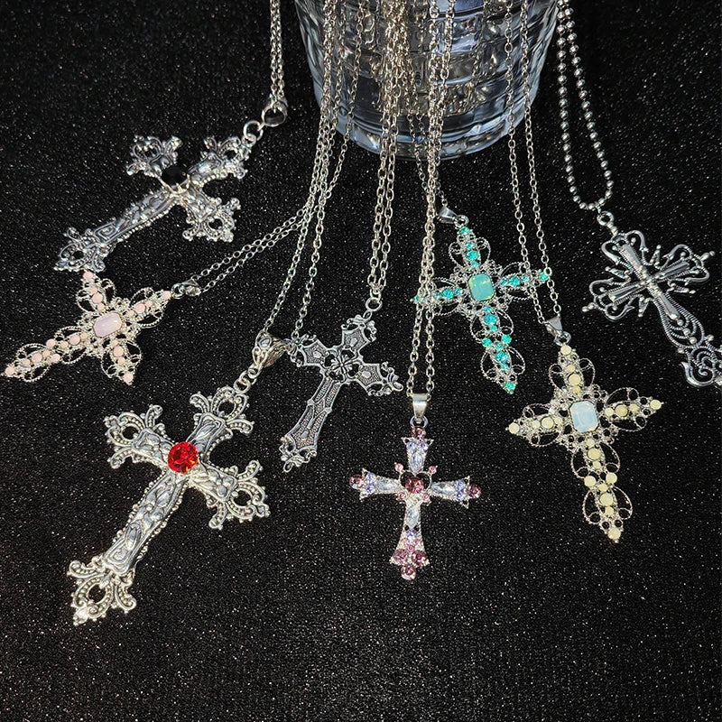 Gothic Big Zircon Cross Necklace Unisex Y2K Irregular Goth Large Cross Pendant Necklaces  for Men Women Couple Necklace Jewelry