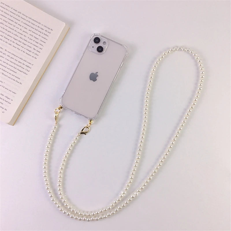Luxury Korean Crossbody Lanyard Necklace Pearl Chain Phone case for iPhone 11 12 13 14 Pro Max 15 Transparent Cover with Strap