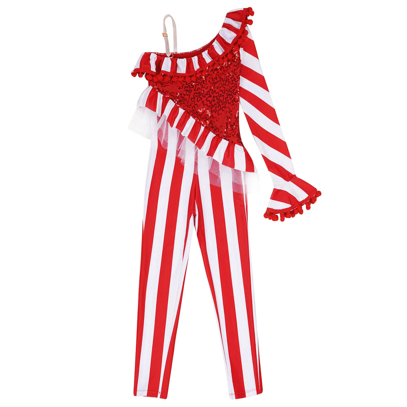 Kids Girls Christmas Jumpsuit Ballet Gymnastics Leotard Sequin One Shoulder Striped Bodysuit Halloween Circus Cosplay Costume