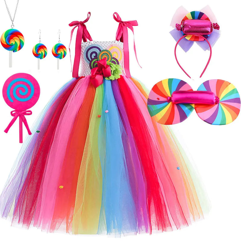 Candy Fairy Costume Girls Lollipop Cosplay Dress Toddler Carnival Purim Rainbow Vestidos Christmas Party Princess Clothing Gown