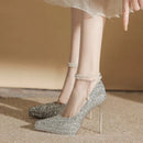 New Pearl Waterproof High Heel Shoes Women's Spring Autumn Pointed Toe Thin Heel Champagne Color Crystal Bride Marriage Shoes