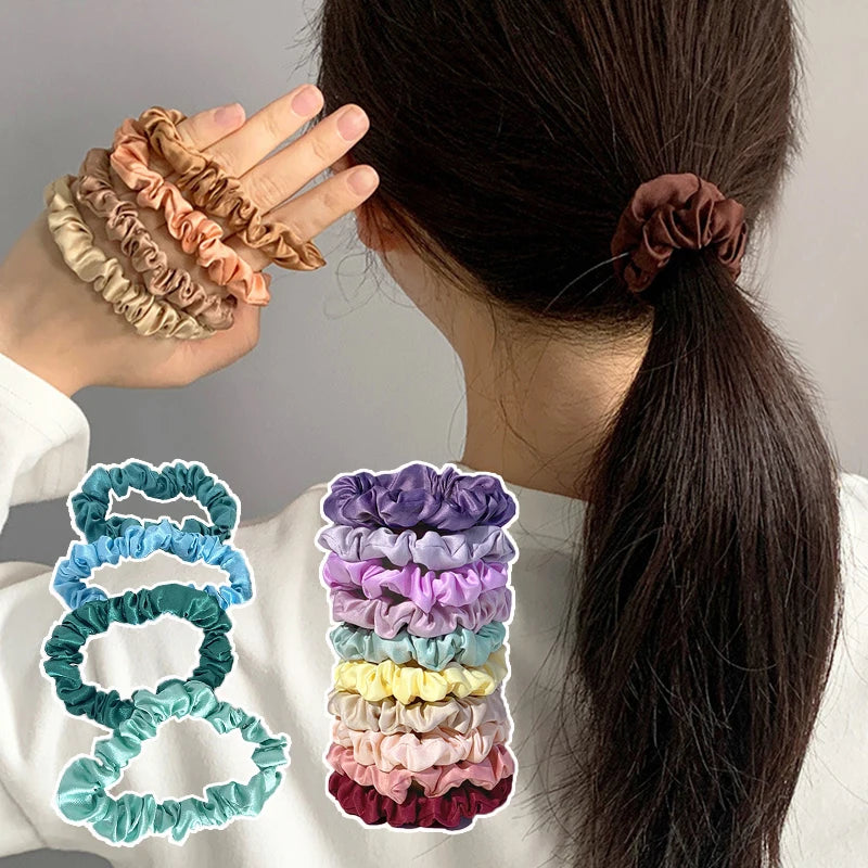 Small Hair Rope Set Ponytail Holder Rubber Bands Silky Satin Scrunchies Solid Color Elastic Hair Bands Clothing Accessories