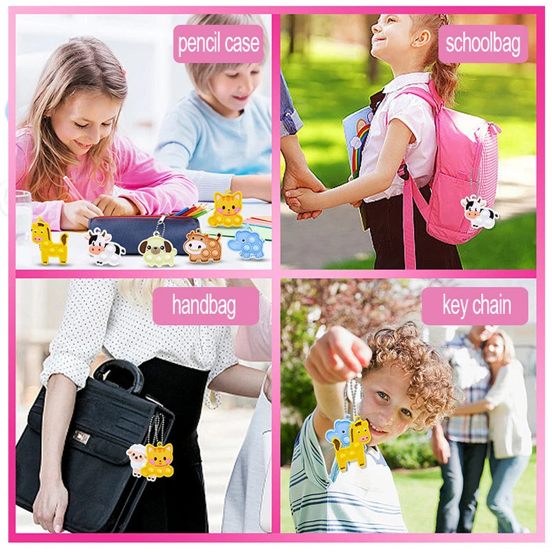 10/40Pcs Cartoon Animal Pop Keychain Hanging Stress Relief Toys Kids Birthday Party Favors Guests Gift Goodie Bag Pinata Filler