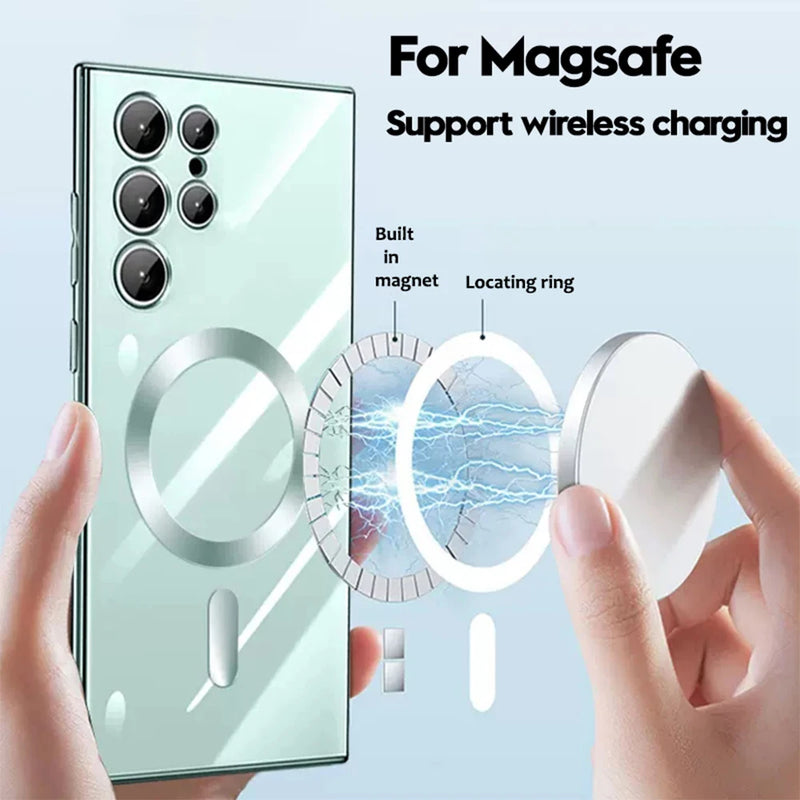 Luxury Transparent Plating For Magsafe Case For Samsung Galaxy S24 S21 S22 S23 Ultra Plus Wireless Charge Silicone Cover Cases