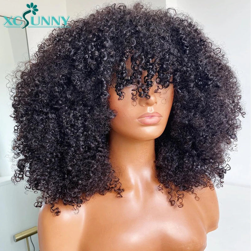 Afro Kinky Curly Bob Wig Human Hair Wigs With Bangs 200 Density Remy Brazilian Scalp Top Curly Human Hair Wigs For Women Xcsunny