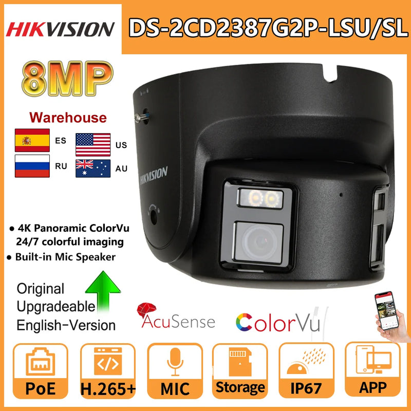 Hikvision 8MP IP Camera Panoramic ColorVu Turret DS-2CD2387G2P-LSU/SL 4K Security Double Lens Color Night Built-in Mic Speaker