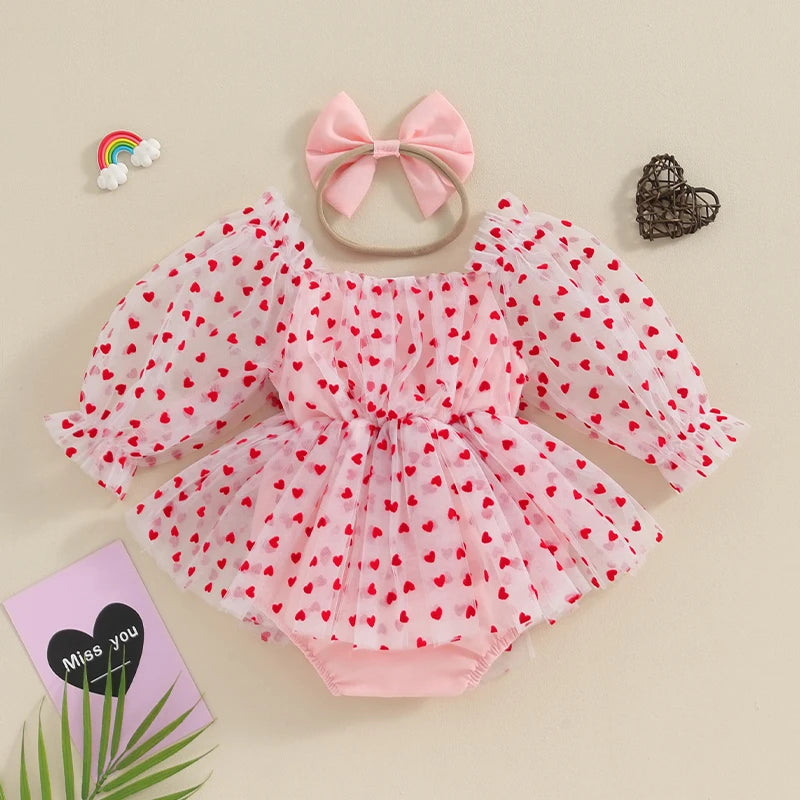 FOCUSNORM 0-18M Infant Baby Girls Valentine's Day Romper Dress Heart Print Long Puff Sleeve Mesh Tulle Jumpsuit + Bow Headband