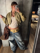 Khaki Cropped Bomber Jackets Women Lapel Collar Full Zip Closure Pocket Detail Long Sleeve Streetwear Lady Casual Y2k Outfits