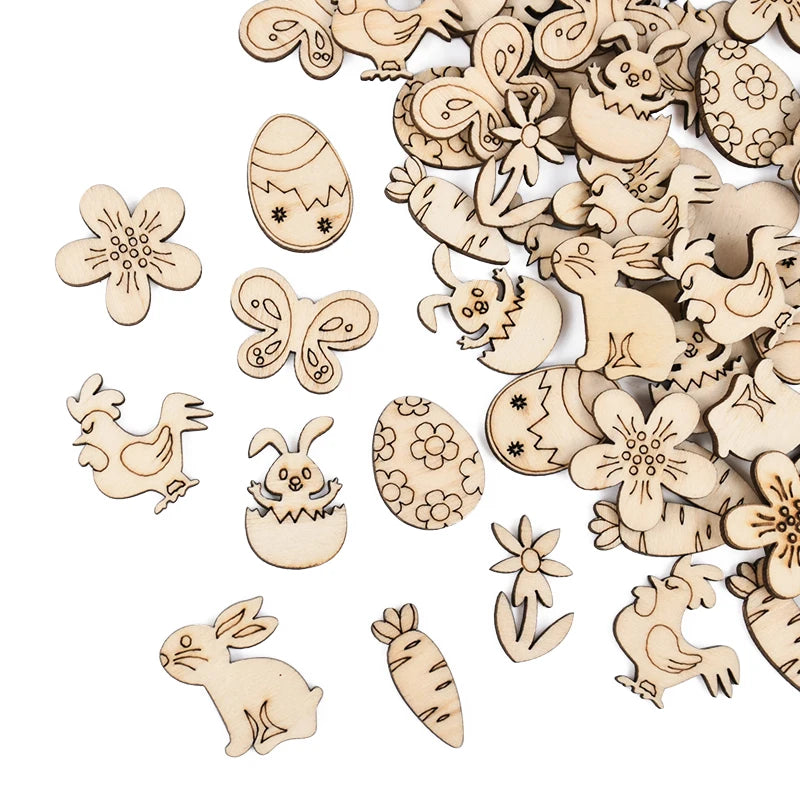50pcs Easter Wooden Confetti Rabbit Carrot Eggs Kids Painting DIY Crafts Wood Slice 2025 Spring Easter Party Decoration For Home