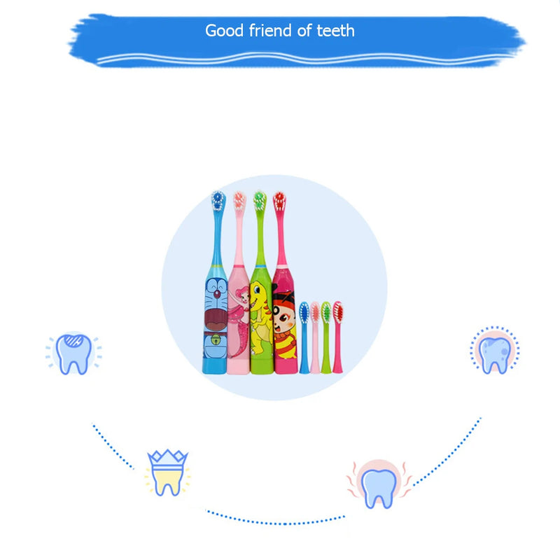 Children Electric Toothbrush with Replaceable Head Cartoon Patterns IPX7 Waterproof 23000 Times Automatic Mute Sonic Toothbrush