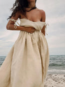 Bornladies Frühling Sommer Strandstil Damenkleid Vintage lockeres A-Linien-Trägerkleid Sexy Hot Girl 100% Baumwolle V-Ausschnitt Kleid
