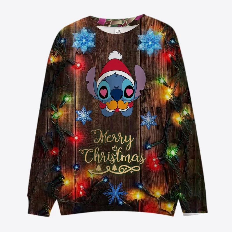 New Merry Christmas Disney Stitch and Mickey Minnie Fall Harajuku Crew Neck Casual Women's Long Sleeve Sweatshirt Ladies Top Y2K