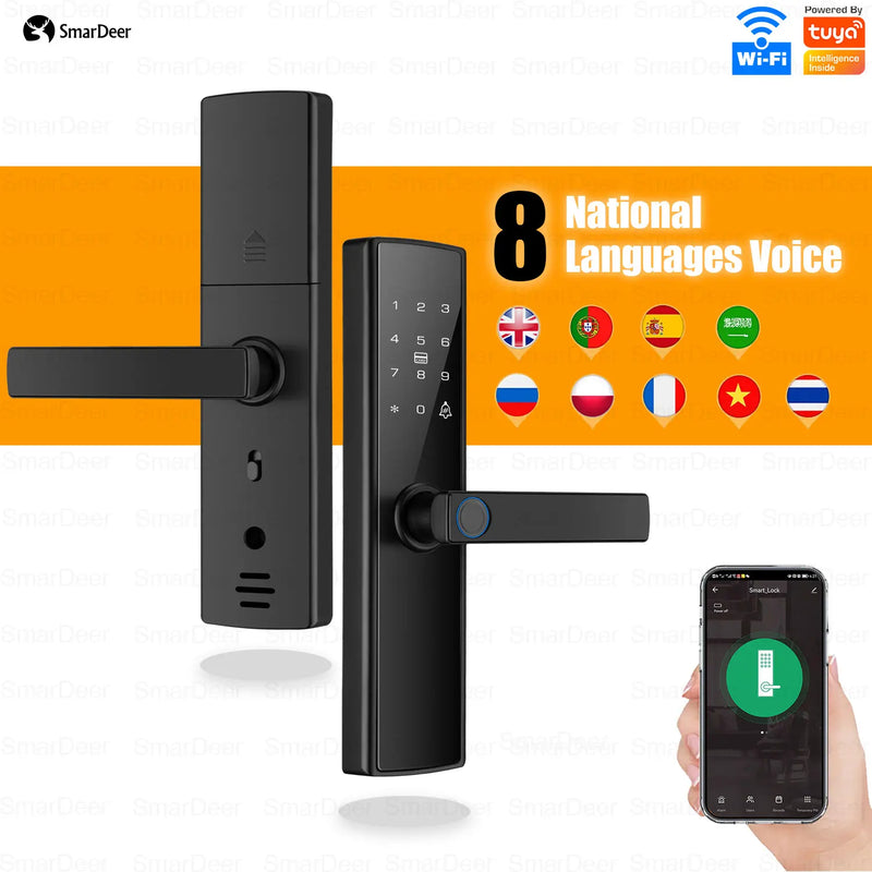 SmarDeer Electronic Door Lock Tuya Smart Lock with 5-in-1 Fingerprint Lock Keyless Entry via Fingerprint/Coed/Card/App