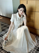 The Atelier Tweed | Pleated Patchwork Midi Dress with Structured Stand Collar
