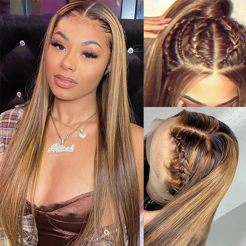Straight Highlight 13x4 HD Transparent Lace Front Human Hair Wigs Pre Plucked Honey Blonde Colored Lace Frontal Wigs For Women