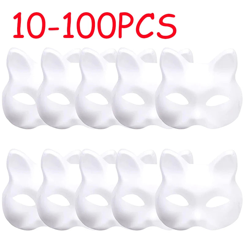 10/20/30/50/100PCS Therian Masks White Cat Masks Blank DIY Halloween Mask Animal Half Facemasks Masquerade Cosplay Party